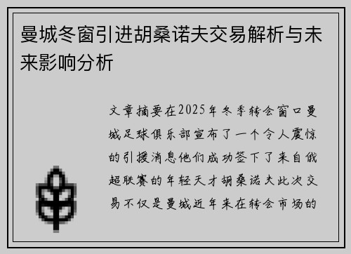 曼城冬窗引进胡桑诺夫交易解析与未来影响分析
