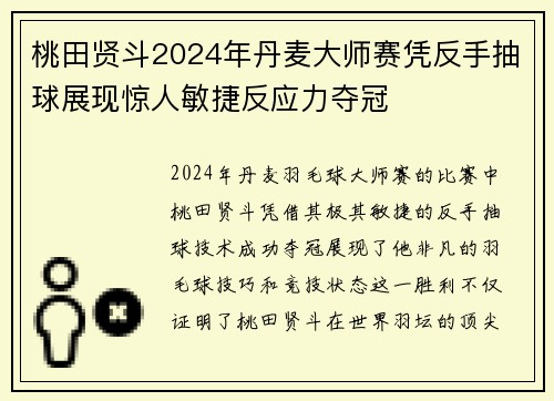 桃田贤斗2024年丹麦大师赛凭反手抽球展现惊人敏捷反应力夺冠
