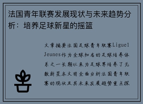 法国青年联赛发展现状与未来趋势分析：培养足球新星的摇篮