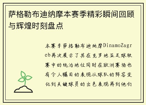 萨格勒布迪纳摩本赛季精彩瞬间回顾与辉煌时刻盘点